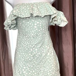 Light teal and white polkadot off the shoulder summer dress